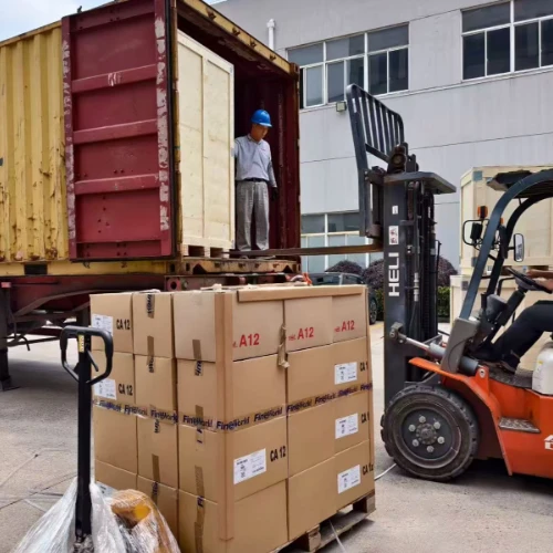Forklift loading the second batch of HAIFEI automated welding equipment into a shipping container for Tunisia. Forklift loading the second batch of HAIFEI automated welding equipment into a shipping container for Tunisia.